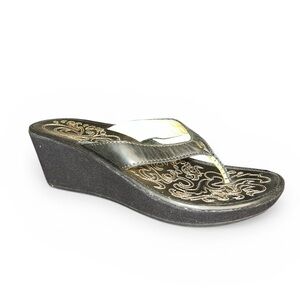Olukai Kaula Lio Wedge Sandals Womens 8 Black Leather Thong Embroidered Footbed